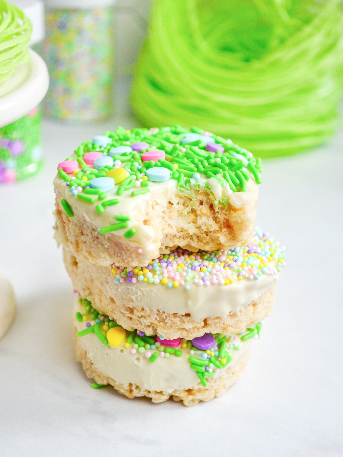 Dipped Easter Egg Rice Krispie Treats in a stack